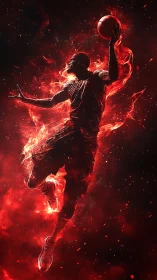 Fiery basketball player soars upward in explosive motion