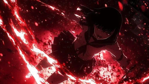 Dark anime schoolgirl attacks amid swirling red energy.