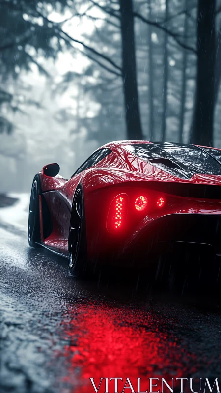 Red supercar on wet forest road in heavy rain at dusk.