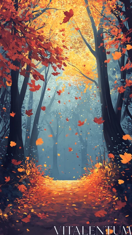 Autumn Forest Pathway: Luminous Foliage Descent Through Misty Woodland
