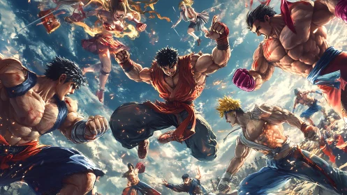 Martial artists clash midair in dynamic anime battle scene