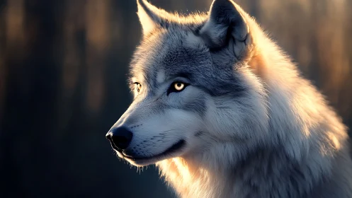 High-detail side portrait of wolf in rim-lit backlighting conditions