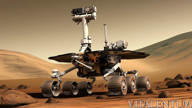 Curious Mars rover exploring a quiet red desert world.