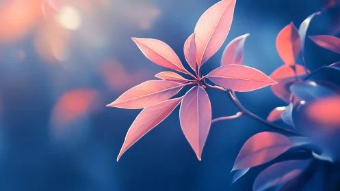 Soft Pink Leaves on Branch in Dreamy Blue Artistic Light.