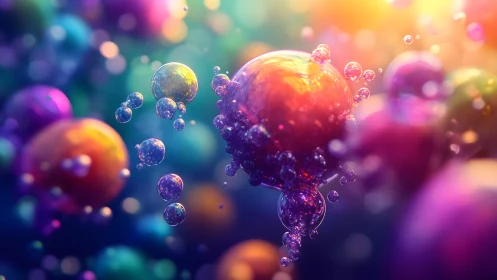 Vibrant Abstract Spheres in Colorful Bokeh Digital Art Style.