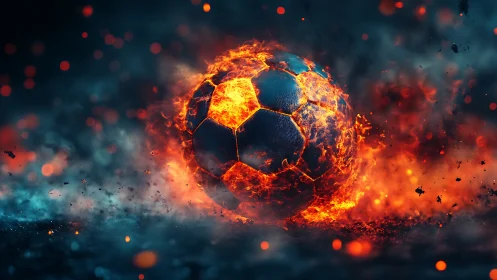 Blazing soccer ball rolls through sparks in a fiery stadium dream