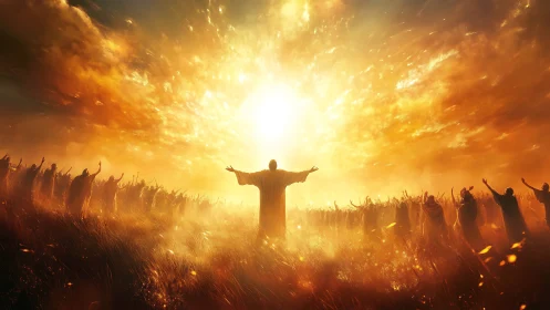 Radiant prophetic figure embracing apocalyptic sunrise light.