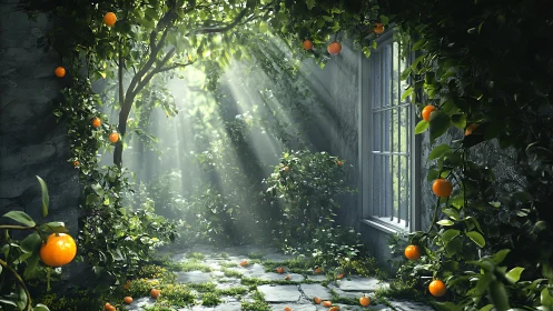 Sunlit stone courtyard with glowing tangerine orchard vines.