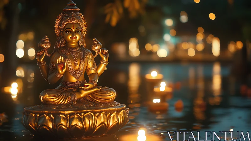 Golden multi-armed deity sculpture amid candlelit water bokeh.