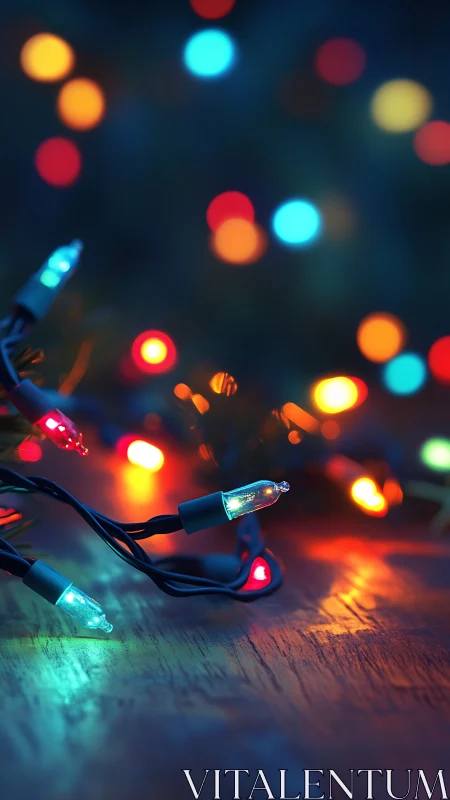Colorful string lights on wood with vivid holiday bokeh.
