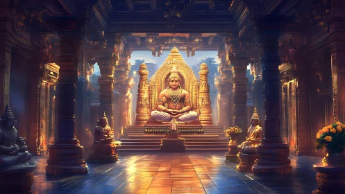 Golden seated deity in ornate temple hall interior scene.