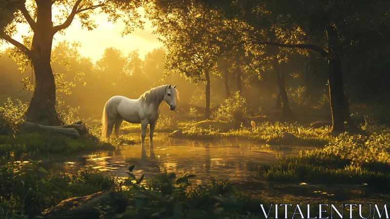 Golden forest pond with a quiet white horse at sunrise.