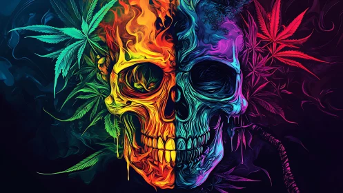 Luminous skull in neon smoke and leaves, blazing with color.