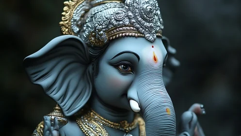 Ganesh statue portrait shows ornate silver crown and blue skin