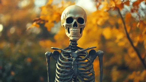 Cheerful autumn skeleton basking in golden leaflight hush.