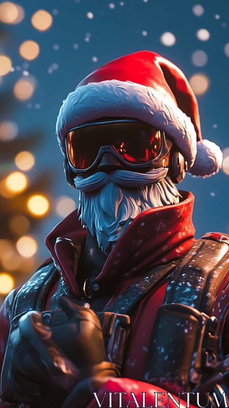 Futuristic Santa figure in red gear with snow detail.