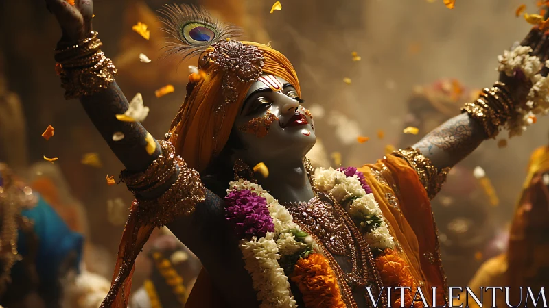 Ritualistic deity figure in dynamic floral immersion scene.