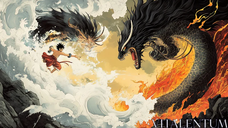 Hero confronts black dragon amid colliding fire and waves.