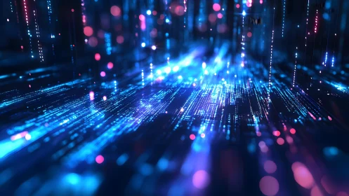 Futuristic digital data stream in neon blue and magenta light style.