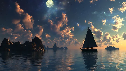 Moonlit sailboat drifting under cloud-splashed cosmic tides.