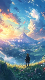 Solitary hero overlooking vast sunlit fantasy valley.