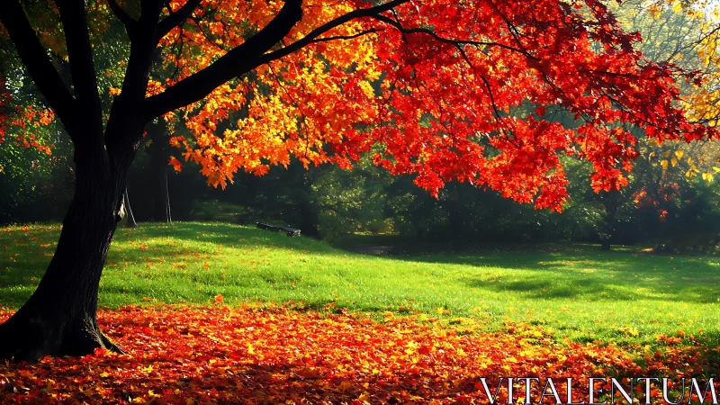 Tree with red autumn foliage over sunlit green meadow