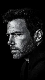 Intense side-lit male portrait in stark monochrome profile.