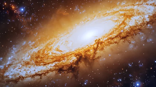 Spiral galaxy glows in swirling golden dust and starlight.