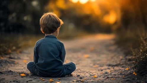 Child sits alone on forest path in warm sunset glow.