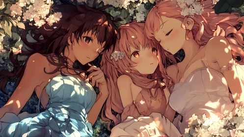 Three anime girls lying among flowers in dappled light.