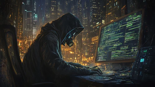 Hooded cyberpunk hacker coding beneath neon city lights.