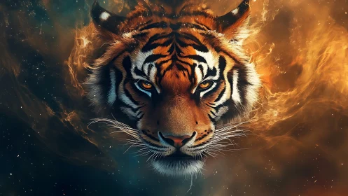 Cosmic ember tiger emerging from swirling starlit firestorm.