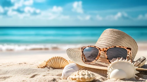 Straw hat and sunglasses rest on sunlit sand before turquoise sea