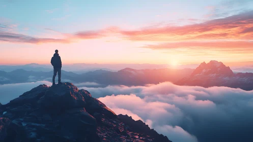 Lone hiker stands on rocky peak above clouds at sunrise.
