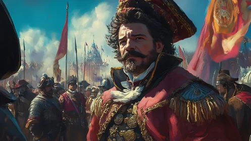 Military commander in ornate uniform stands before marching troops