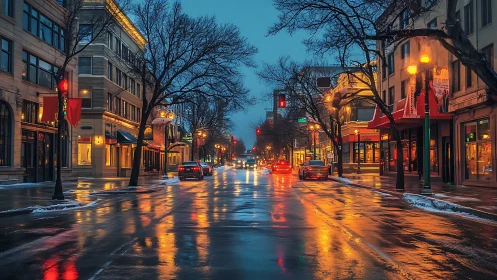 Wet winter city street glows under warm dusk lights.