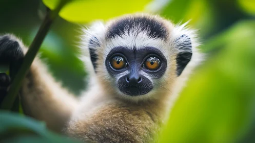 Close frontal view of small primate among green foliage.