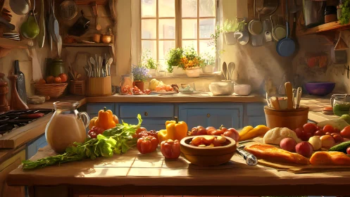 Sun-dappled cottage kitchen staging a rustic veggie chorus.