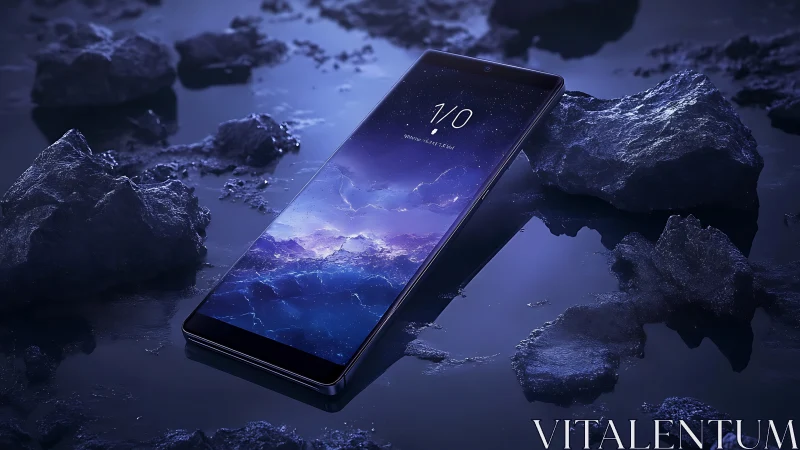 Smartphone in Rocky Landscape with Mountain Display.