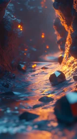 Lava-lit crystal ravine cradling molten reflections and gems.