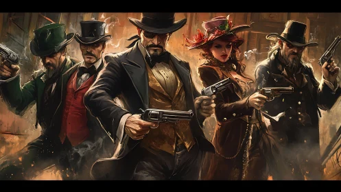Armed Wild West gunslingers stride forward in cinematic digital art
