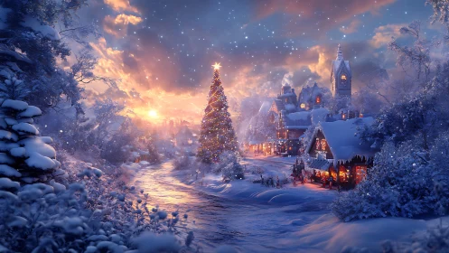 Snowy village glows at sunset around a grand Christmas tree