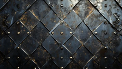 Overlapping riveted metal plates form a textured diagonal grid