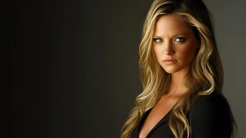 Serious blonde woman in dark studio portrait, side lit.