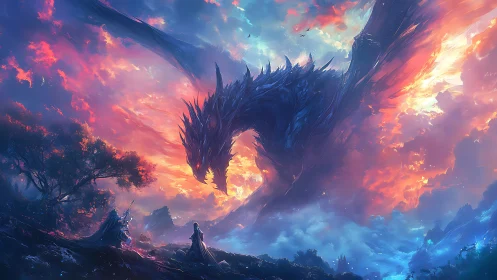 Skyfire dragon bows above twin mages at stormlit dusk.