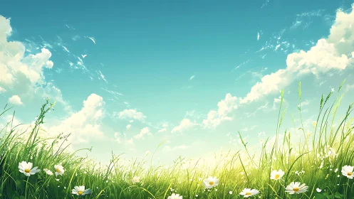 Sunlit spring meadow stretches under clear turquoise sky