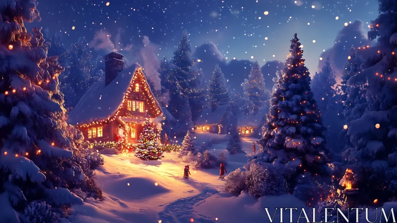 Snow-covered cottage glows with Christmas lights at night