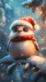 Festive baby owl in Santa hat rests on snowy fir branch.