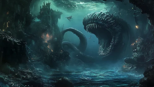 Colossal abyssal sea serpent attacking divers in flooded cavern