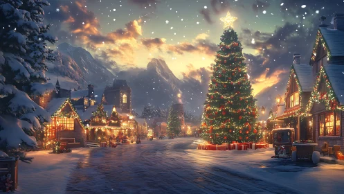 Snowy alpine village street with illuminated Christmas tree.